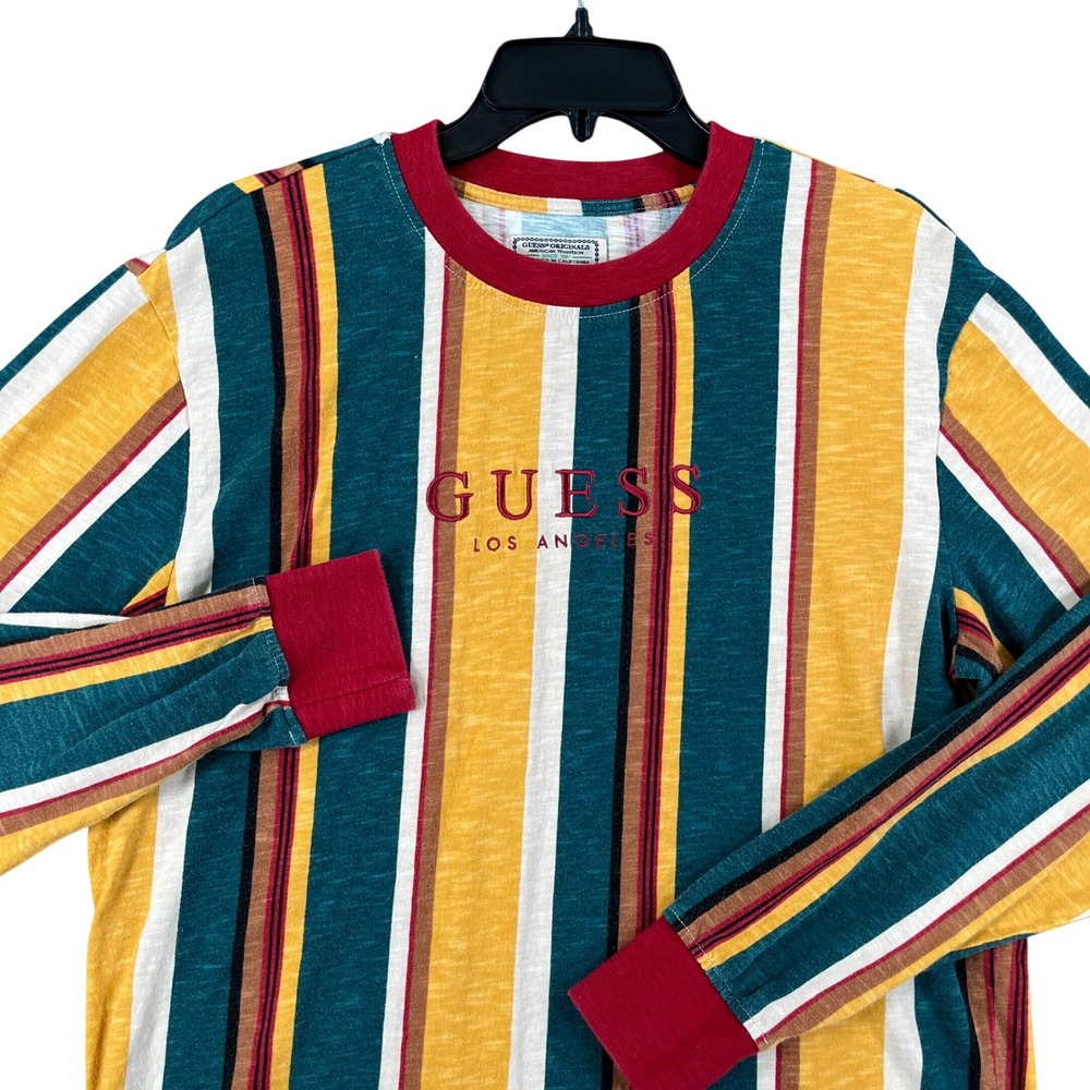 Guess Originals Retro Striped Shirt Mens M Vertical Stripe Embroidered Logo Tee